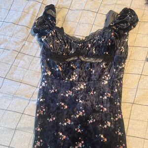 Floral Velvet Dress with Lace Detail
